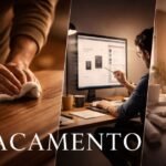 Featured image titled “Acamento” showing four warm-toned scenes of intentional finishing: a minimalist desk with a completed object, hands polishing a wooden surface, a designer refining details on a computer interface, and a sunlit architectural studio — symbolizing craftsmanship, refinement, and disciplined completion.