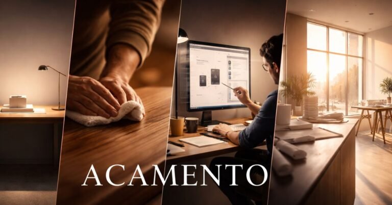 Featured image titled “Acamento” showing four warm-toned scenes of intentional finishing: a minimalist desk with a completed object, hands polishing a wooden surface, a designer refining details on a computer interface, and a sunlit architectural studio — symbolizing craftsmanship, refinement, and disciplined completion.