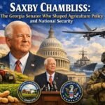 Illustrated tribute to former U.S. Senator Saxby Chambliss featuring his portrait before the U.S. Capitol, farmland with tractor and crops symbolizing agriculture, and military imagery including a drone, naval ship, and soldier representing national security, under an American flag backdrop.