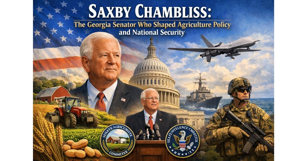 Illustrated tribute to former U.S. Senator Saxby Chambliss featuring his portrait before the U.S. Capitol, farmland with tractor and crops symbolizing agriculture, and military imagery including a drone, naval ship, and soldier representing national security, under an American flag backdrop.