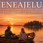 Couple rowing a wooden boat across a calm Finnish lake at sunset, surrounded by forested islands, reflecting the peaceful tradition of veneajelu.