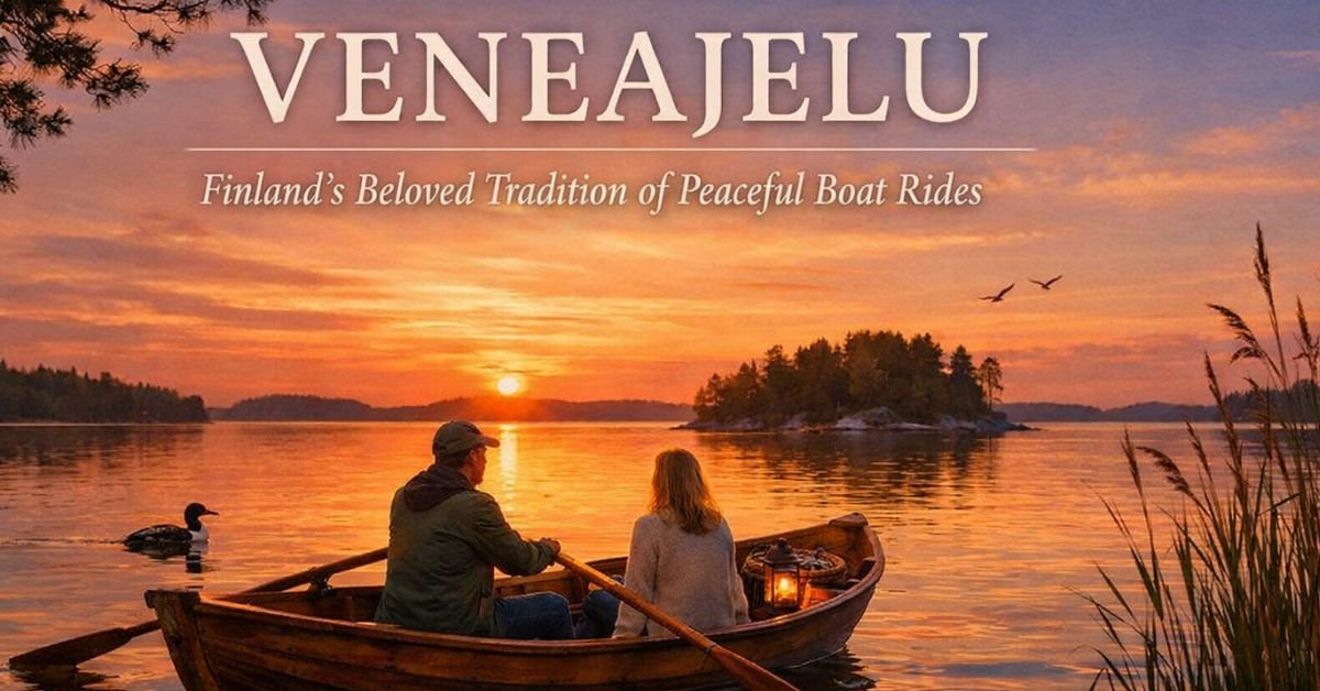 Couple rowing a wooden boat across a calm Finnish lake at sunset, surrounded by forested islands, reflecting the peaceful tradition of veneajelu.