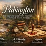 Pabington featured image showing a picturesque heritage village with stone cottages, arched bridge over a flowing stream, vintage books and candlelit desk symbolizing refined rustic lifestyle and hidden wonders.