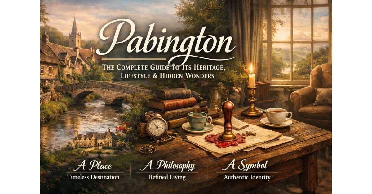 Pabington featured image showing a picturesque heritage village with stone cottages, arched bridge over a flowing stream, vintage books and candlelit desk symbolizing refined rustic lifestyle and hidden wonders.